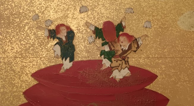 Shōjō e sakè, paravento a sei ante firmato Hakugasai Momoyama hitsu, legno, carta, pigmenti, foglia d’oro, seta, Giappone, inizio XVIII secolo