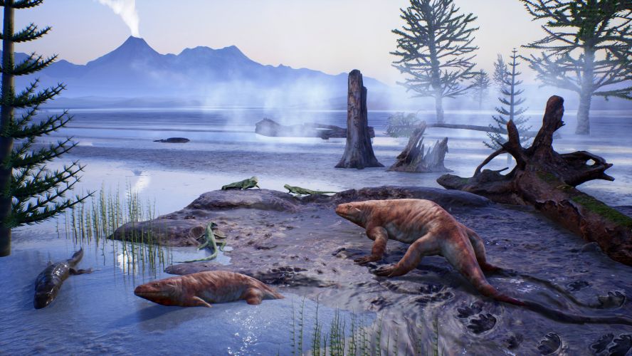 Ricostruzione di una probabile scena avvenuta 280 milioni di anni fa lungo la riva di un lago temporaneo. © Fabio Manucci